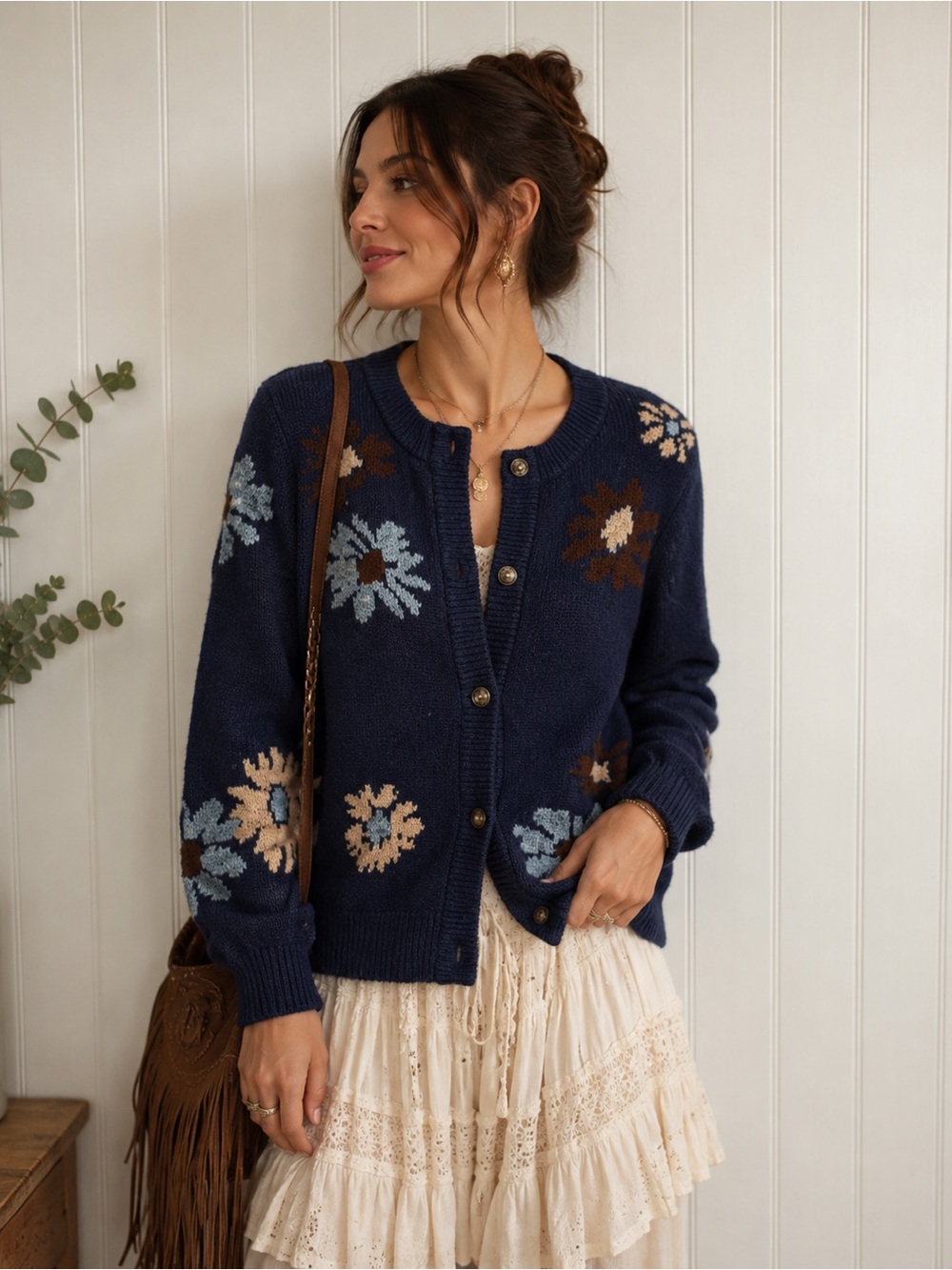 Devoted Floral Knit Cardigan Navy Blue Button Up Sweater‎ Size M